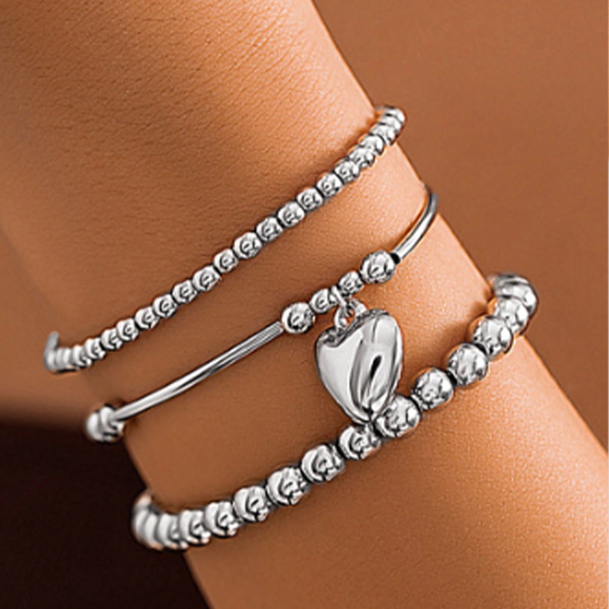 Heart Layered Ball Bracelet Set