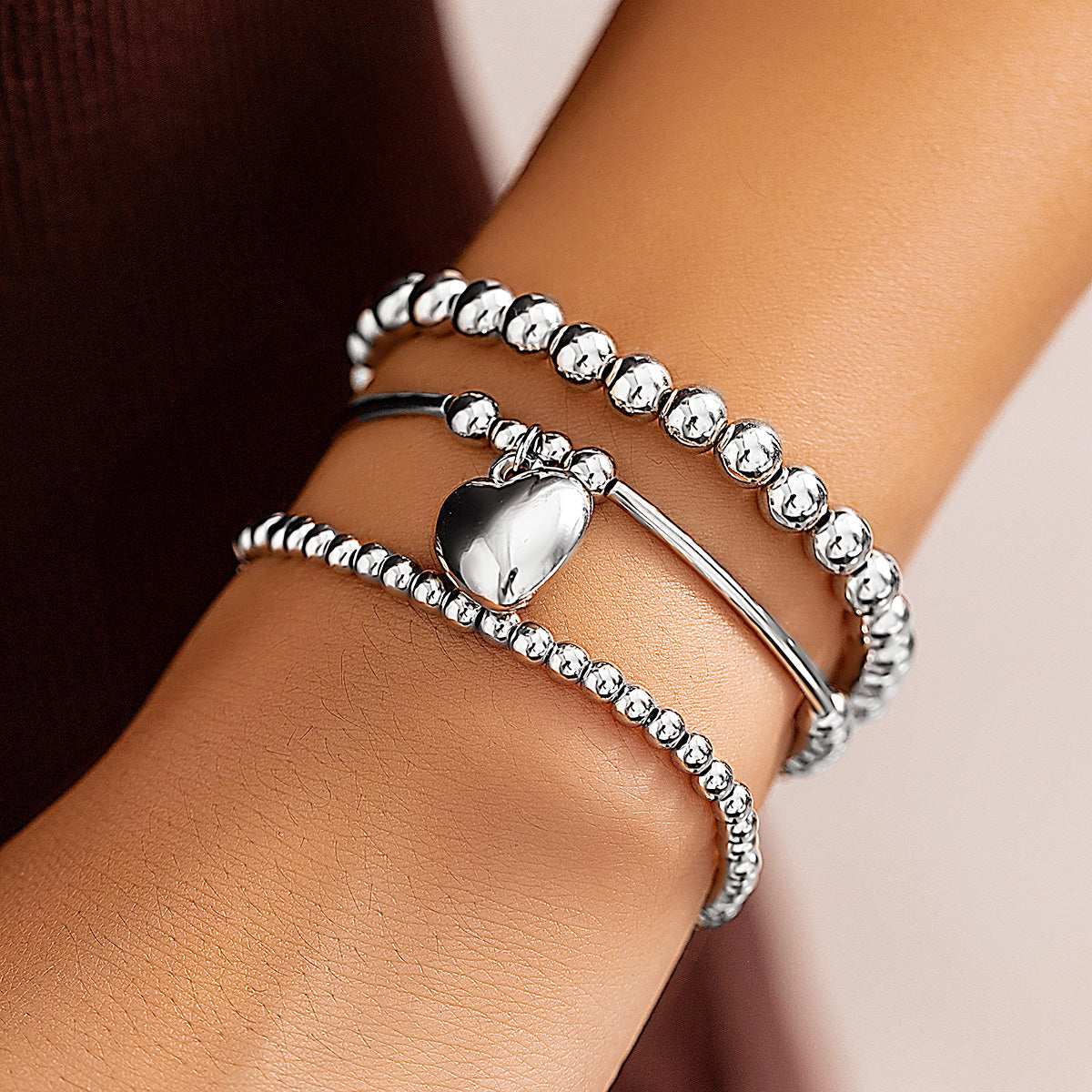 Heart Layered Ball Bracelet Set