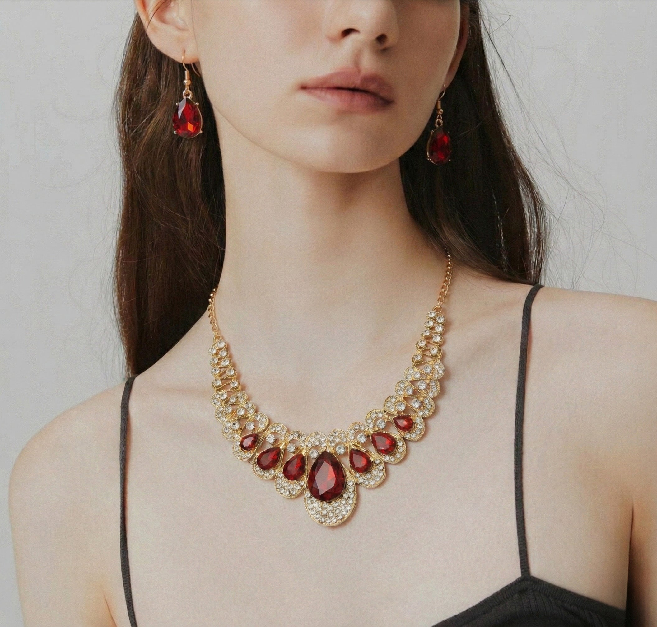 Red Gem Statement Necklace Set