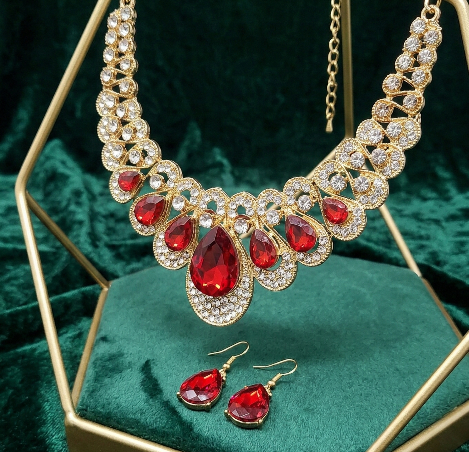 Red Gem Statement Necklace Set