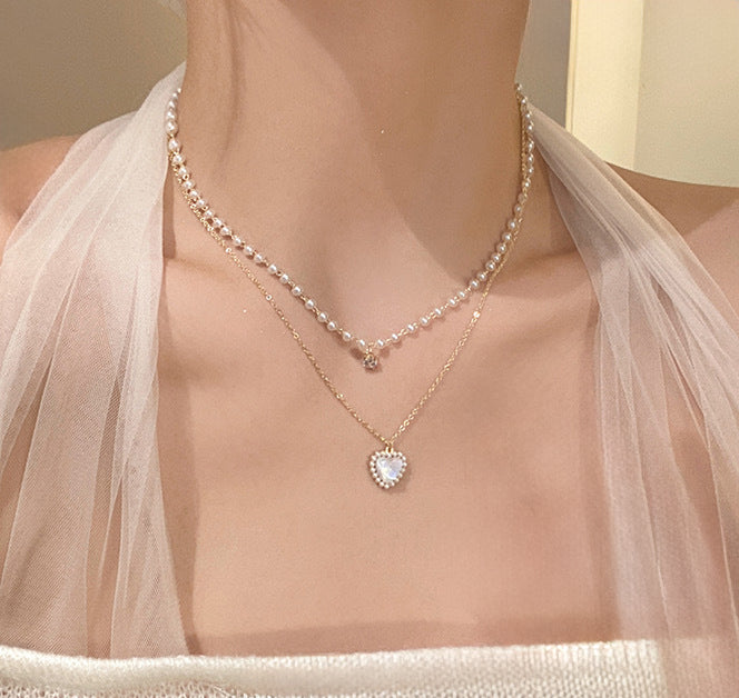 Layered Pearl & Heart Pendant Necklace