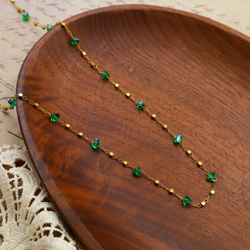 Green Drop Bead & Gold String Necklace