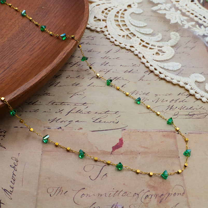 Green Drop Bead & Gold String Necklace
