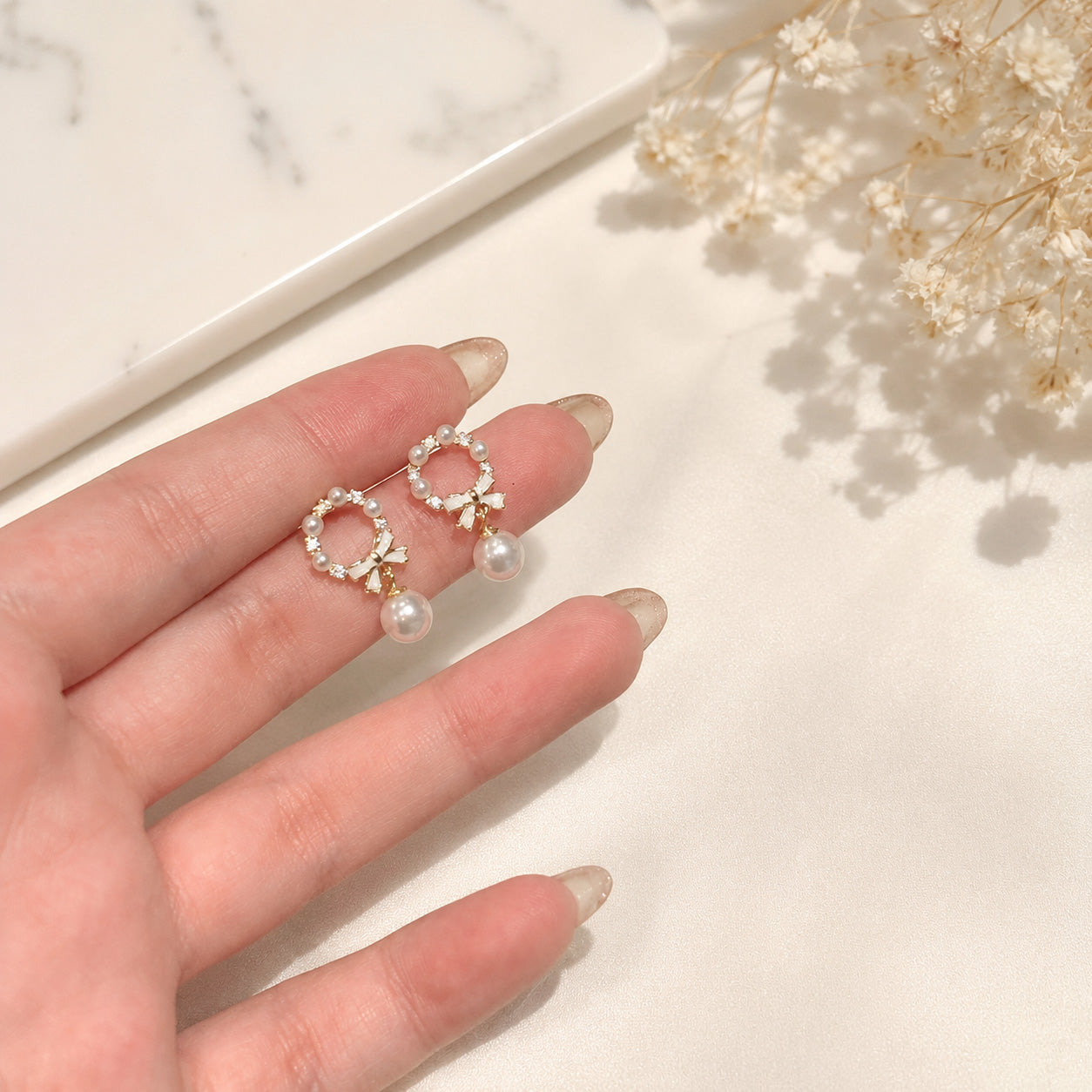Ribbon Pearl Drop Earrings