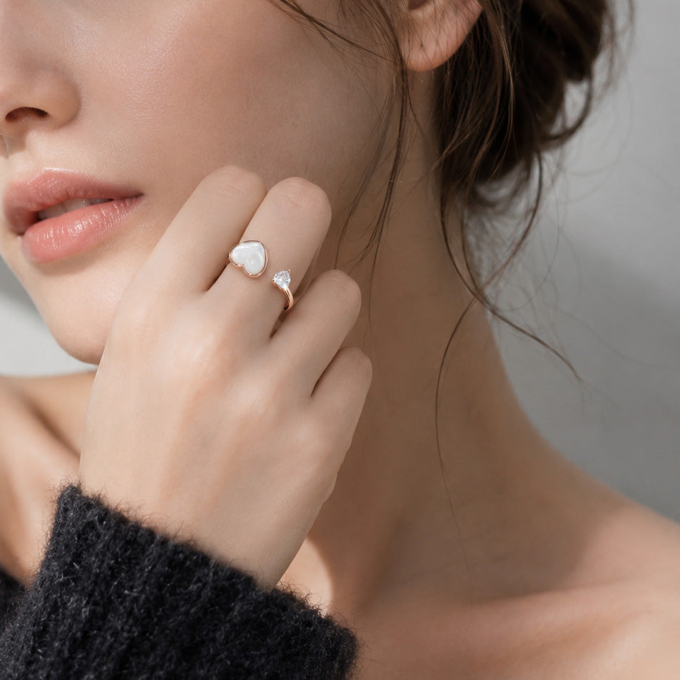 Heart & Crystal Open Ring (Rose Gold)