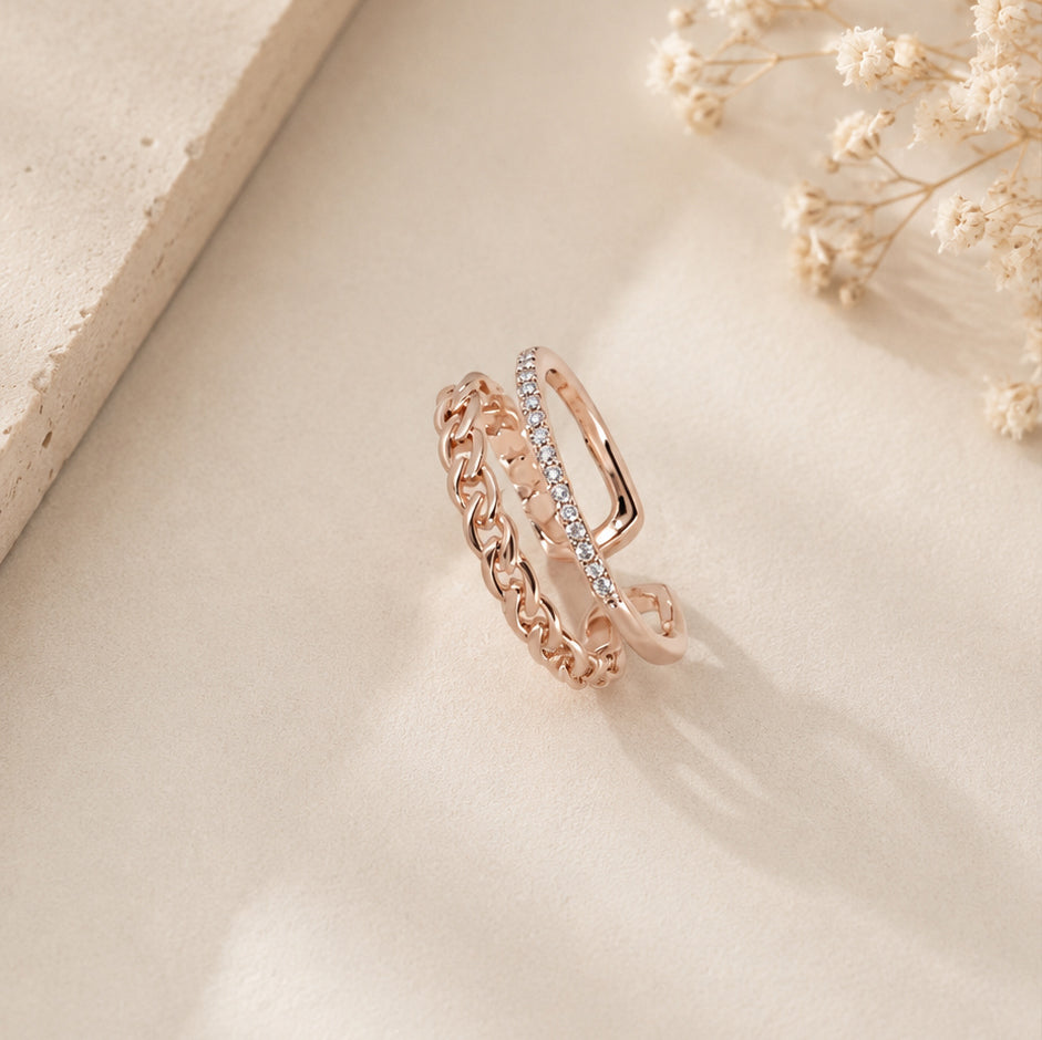 Chain & Cubic Rose Gold Ring Set