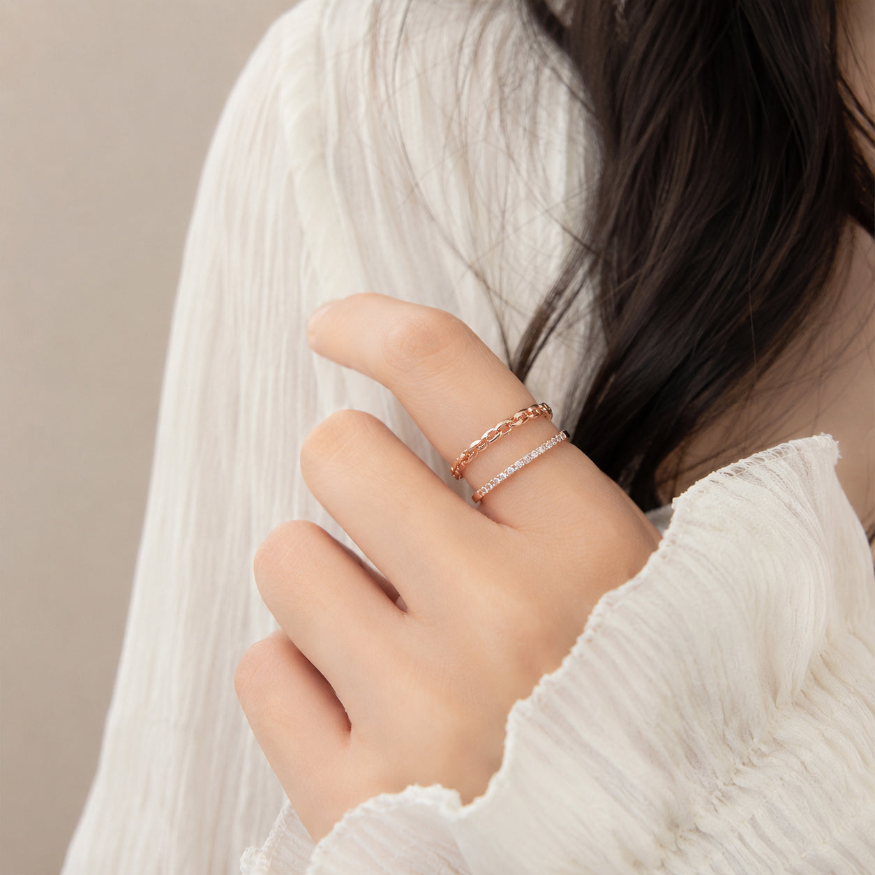 Chain & Cubic Rose Gold Ring Set