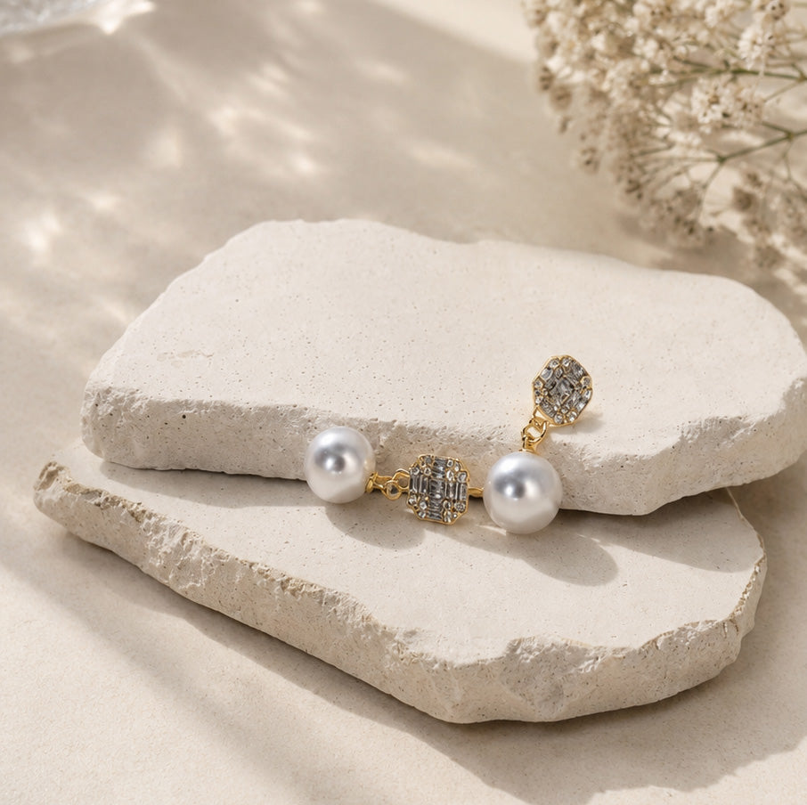 Crystal Cube Pearl Drop Earrings