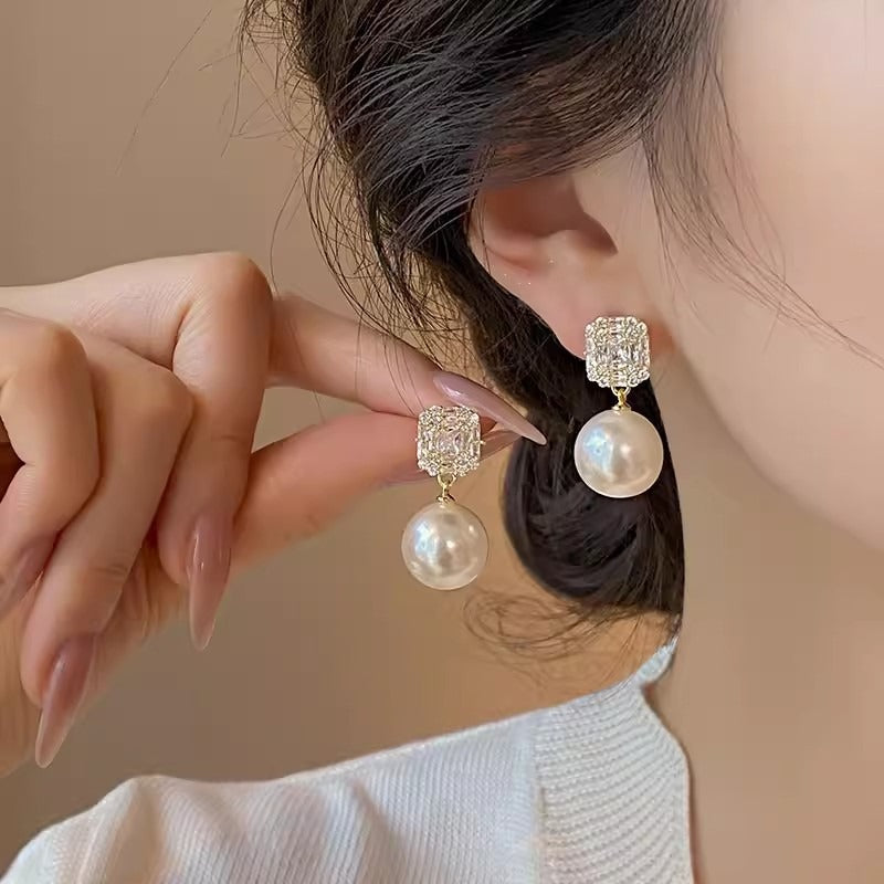 Crystal Cube Pearl Drop Earrings