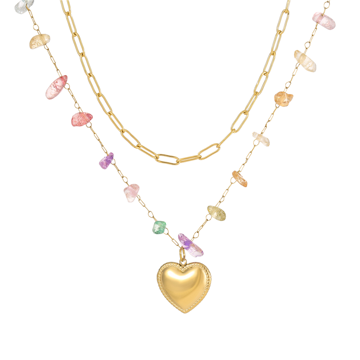 Double Layer Heart & Rainbow Gem Necklace