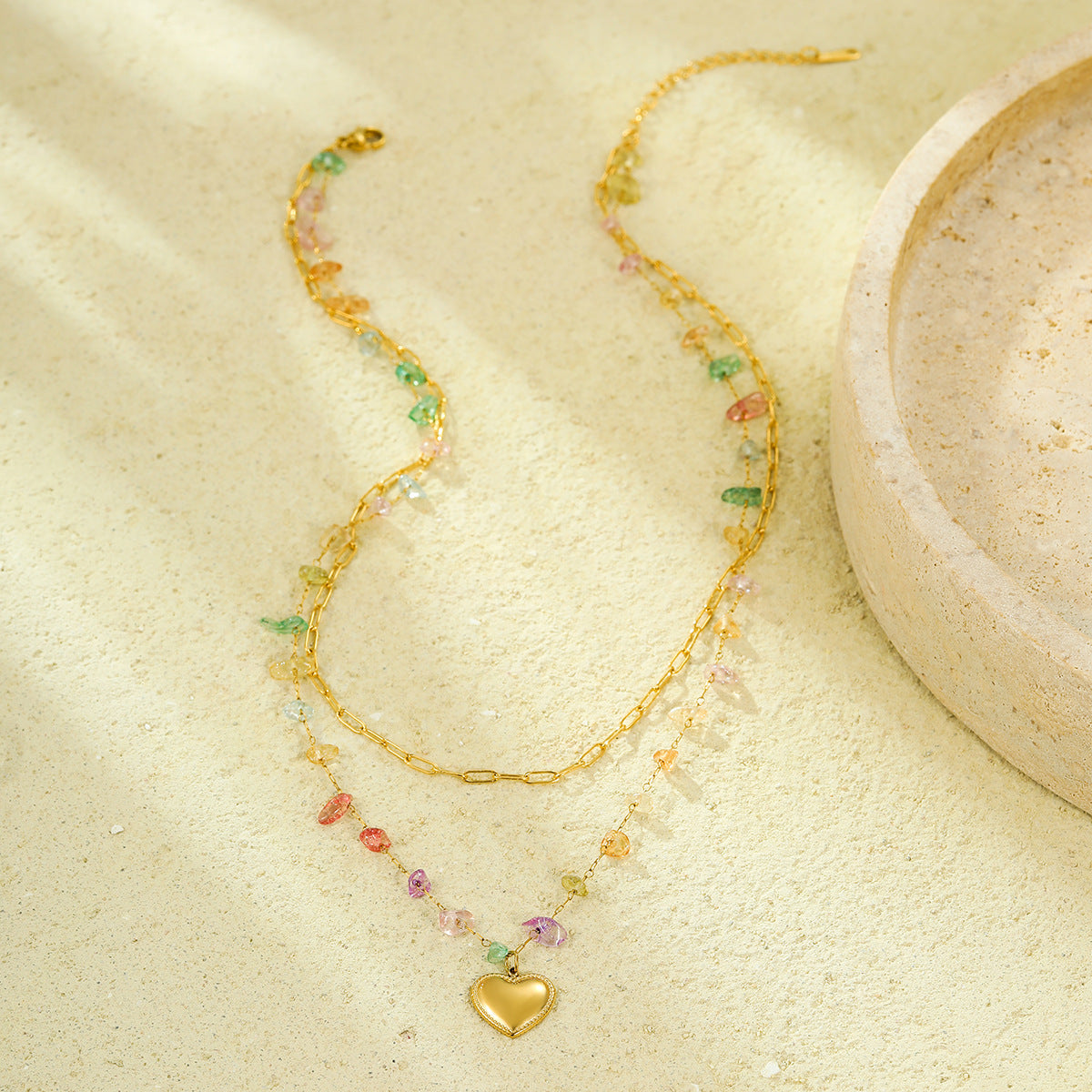 Double Layer Heart & Rainbow Gem Necklace