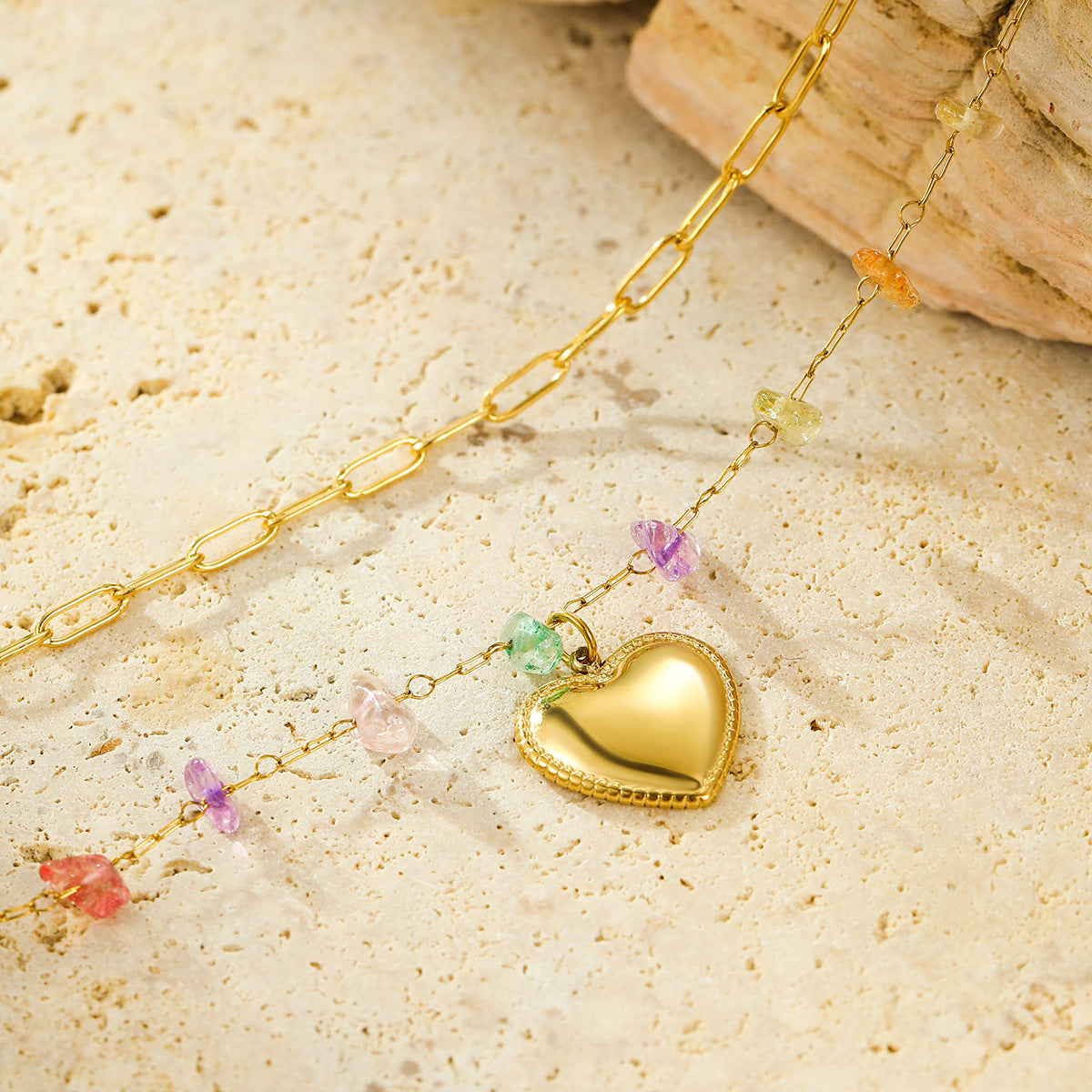 Double Layer Heart & Rainbow Gem Necklace